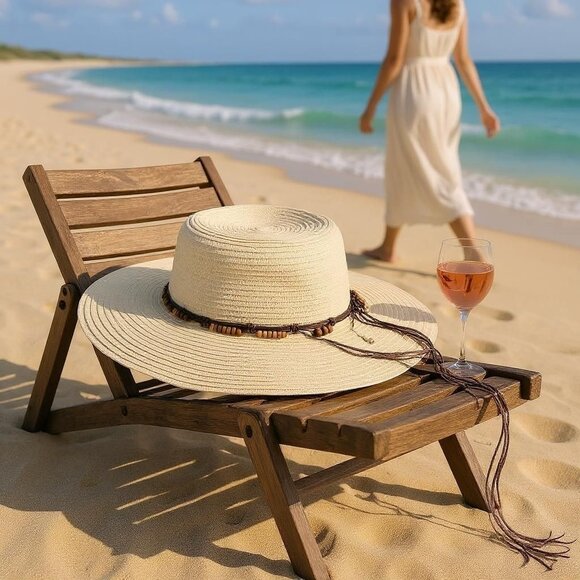 Island Beach Accessories - Island Beach Wide Brim Womens Textured Natural Paper Braid Sun Hat O/S Packable